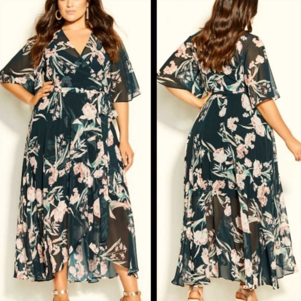 City Chic Green Floral Wrap Ruffle Sheer Maxi Dress Boho Green Swimsuit Cover up